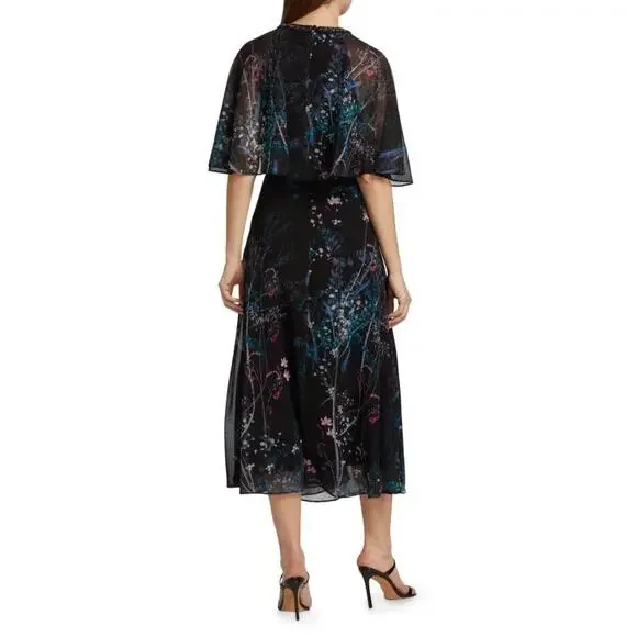 Teri Jon Rickie Freeman Chiffon Capelet Black Floral Cocktail Midi Dress 8